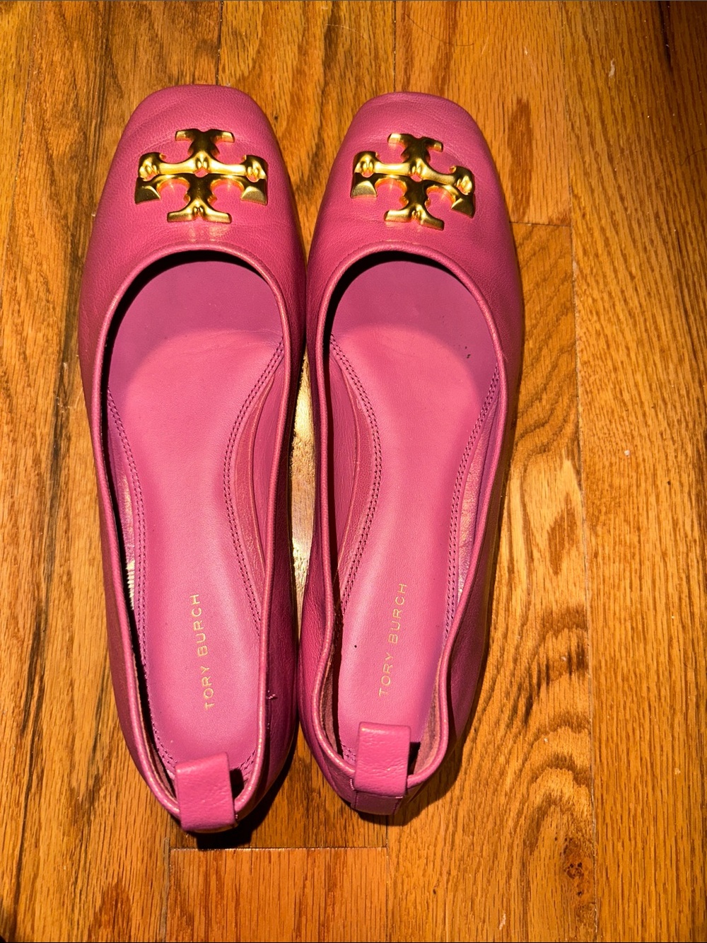 Tory Burch Pink Leather Gold-Logo Ballet Flats worn twice